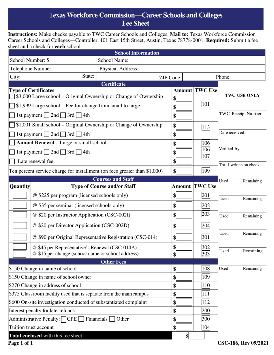 Form CSC-186 Fee Sheet - Texas, Page 1