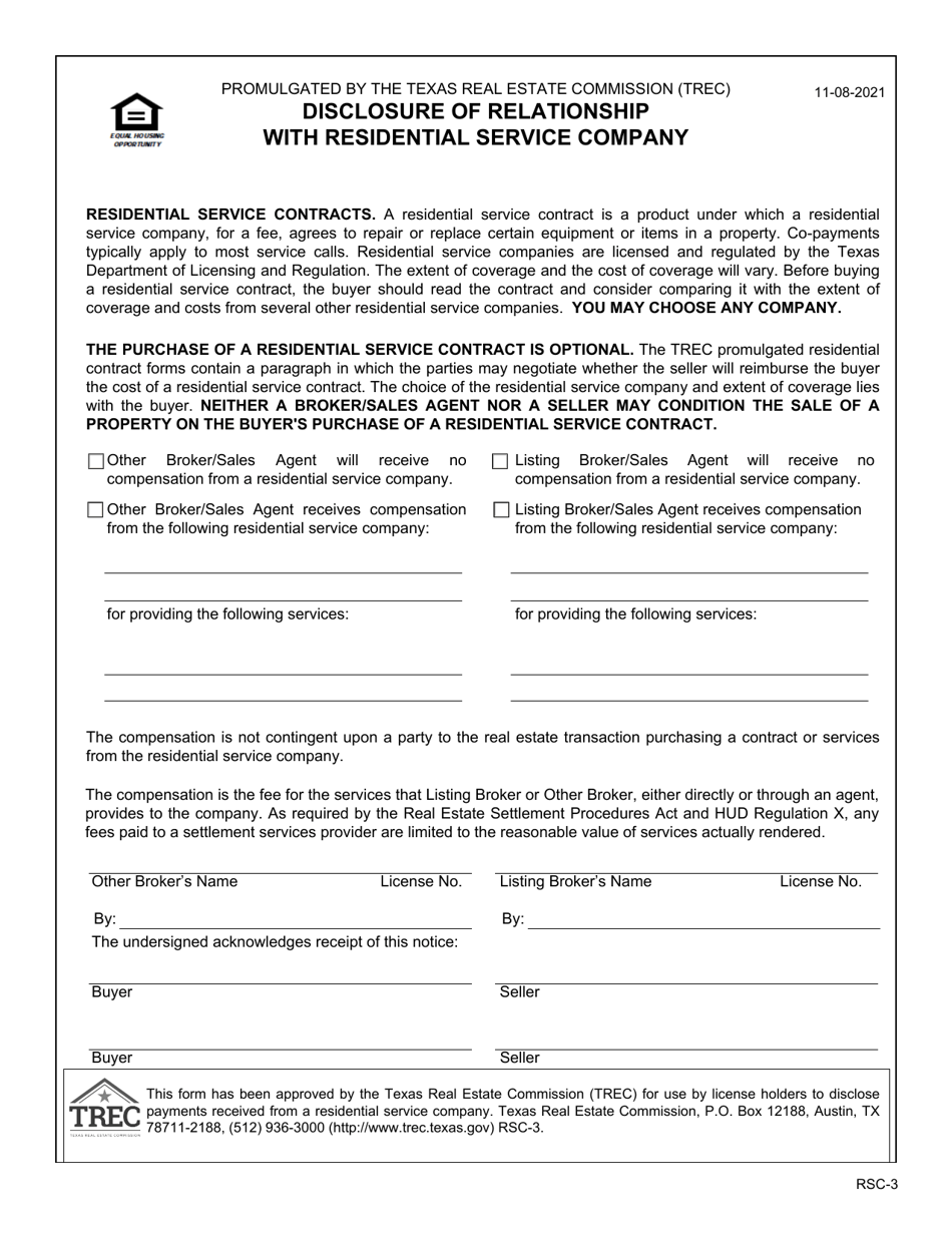 Form RSC-3 Disclosure of Relationship With Residential Service Company - Texas, Page 1