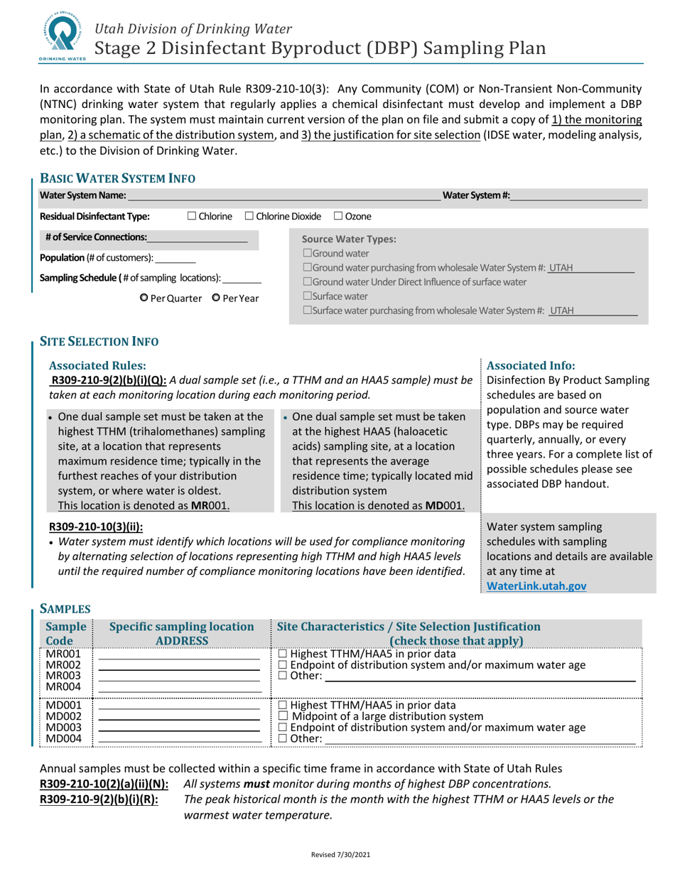 Stage 2 Disinfectant Byproduct (Dbp) Sampling Plan - Utah, Page 1