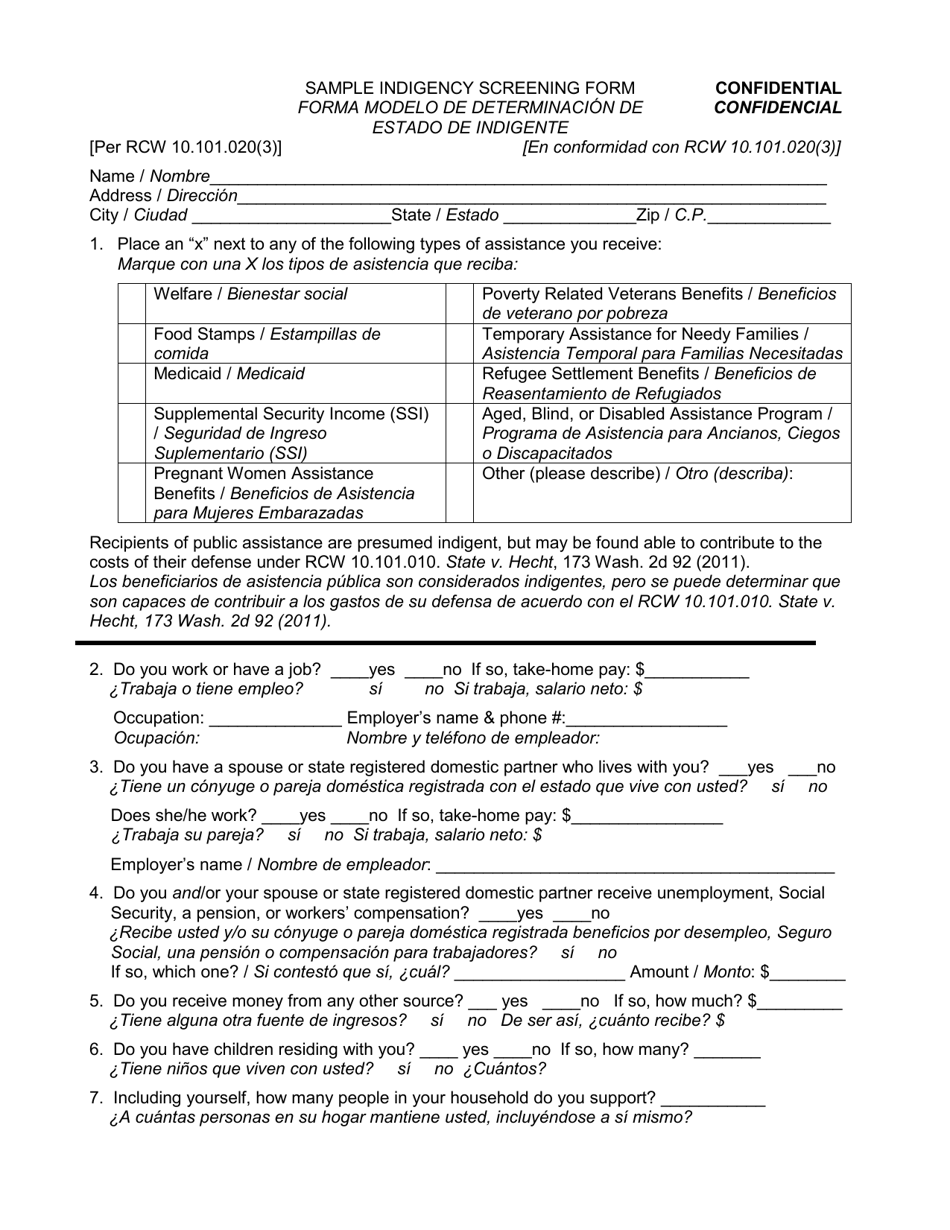 Sample Indigency Screening Form - Washington (English / Spanish), Page 1
