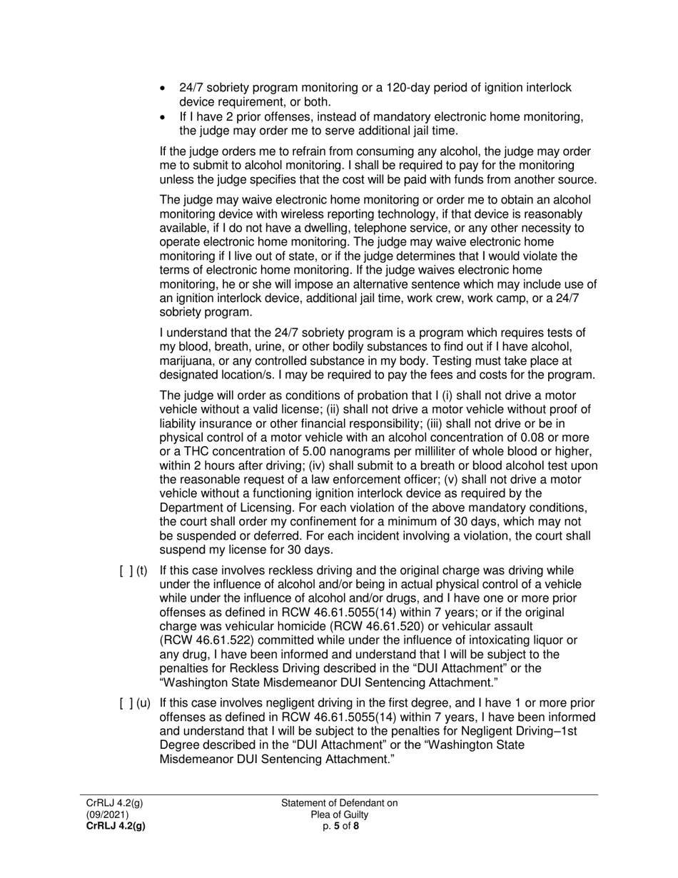 Form CrRLJ4.2(G) Statement of Defendant on Plea of Guilty (Sttdfg) - Washington, Page 5