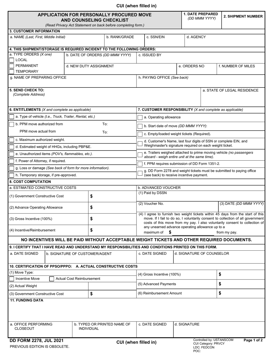 DD Form 2278 Application for Personally Procured Move and Counseling Checklist, Page 1