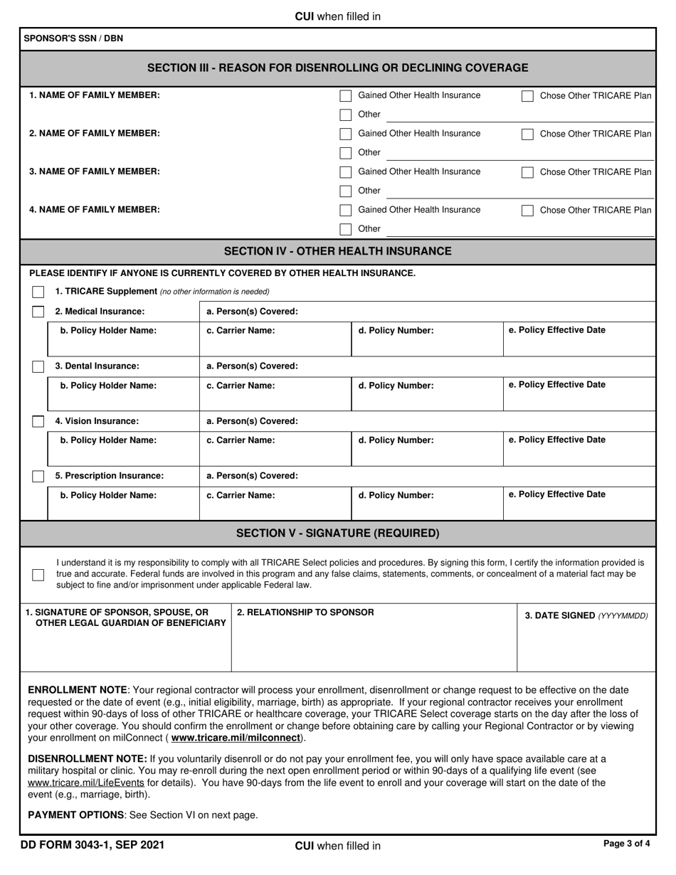 DD Form 3043-1 TRICARE Select Enrollment, Disenrollment, and Change Form (East), Page 3