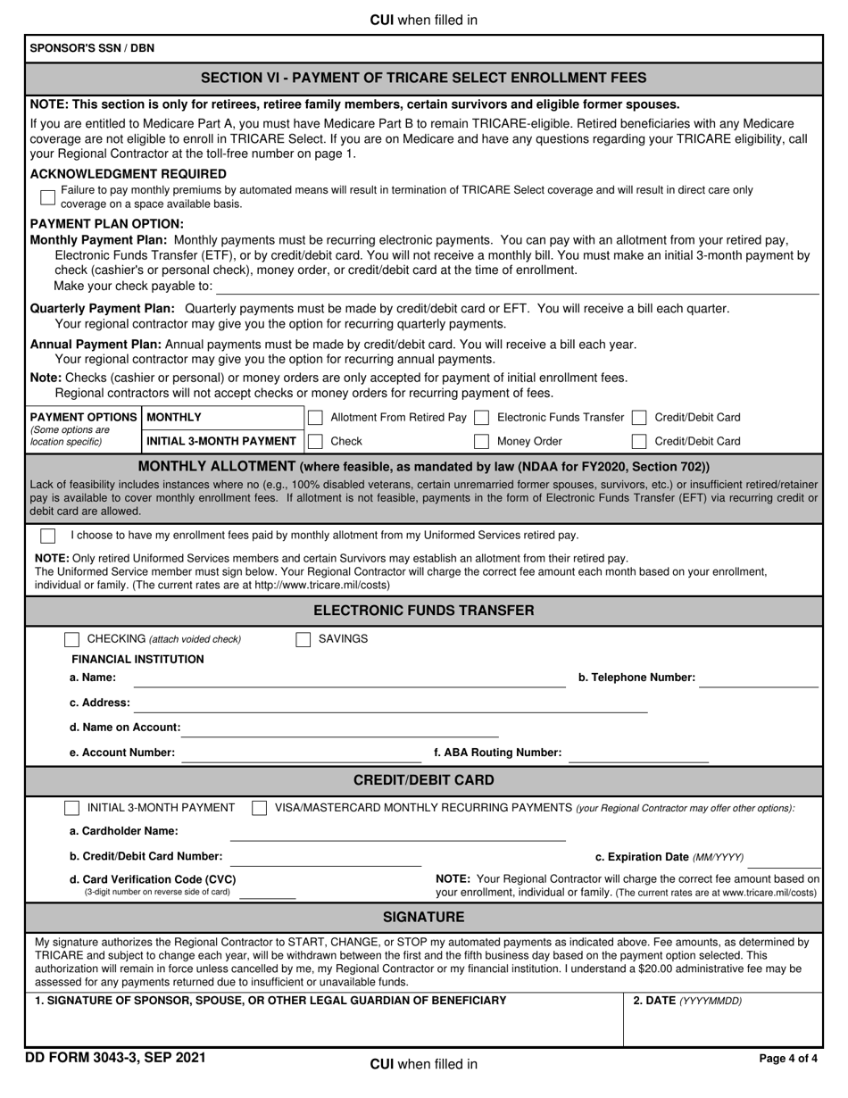 DD Form 3043-3 TRICARE Select Enrollment, Disenrollment, and Change Form (Overseas), Page 4