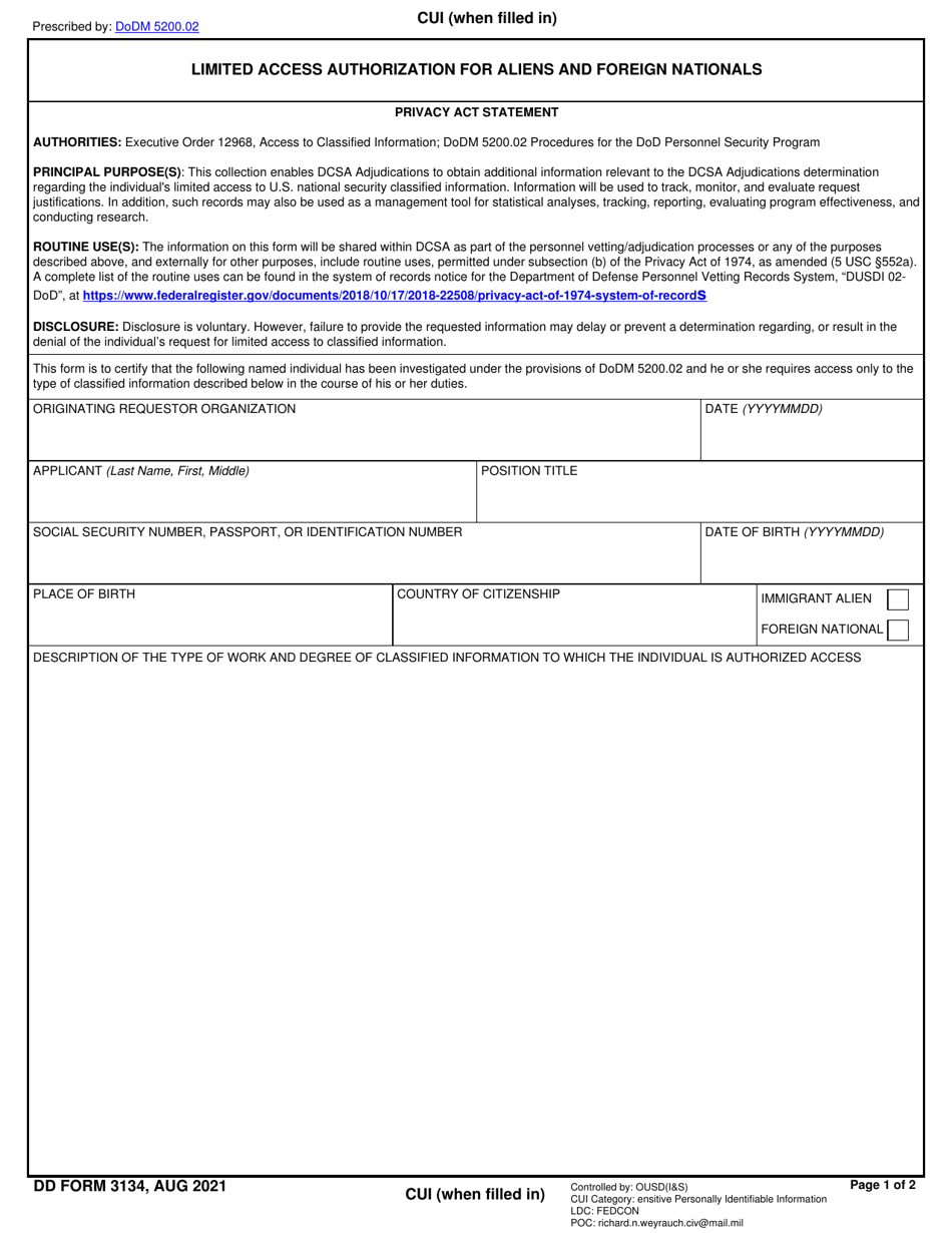 DD Form 3134 Limited Access Authorization for Aliens and Foreign Nationals, Page 1