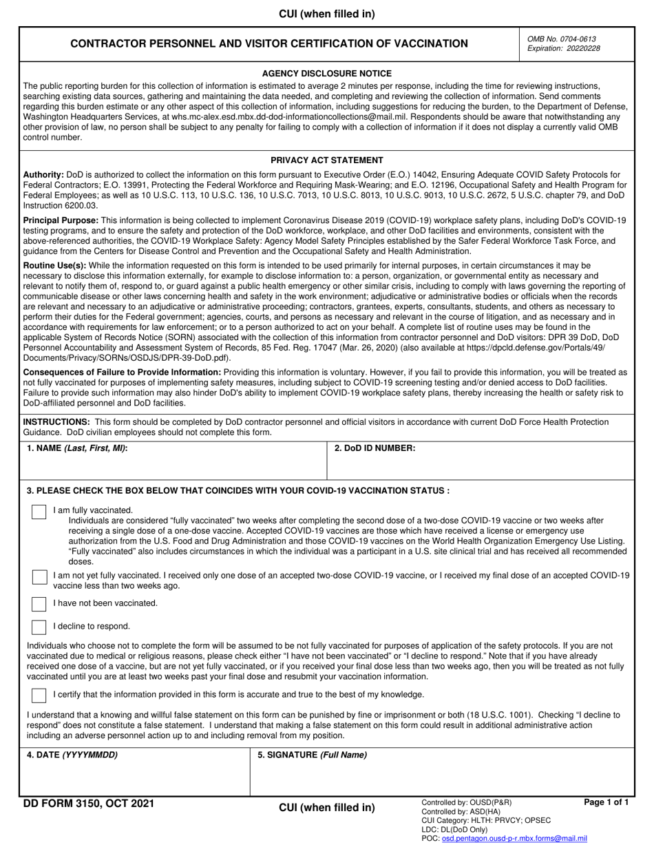 DD Form 3150 Contractor Personnel and Visitor Certification of Vaccination, Page 1
