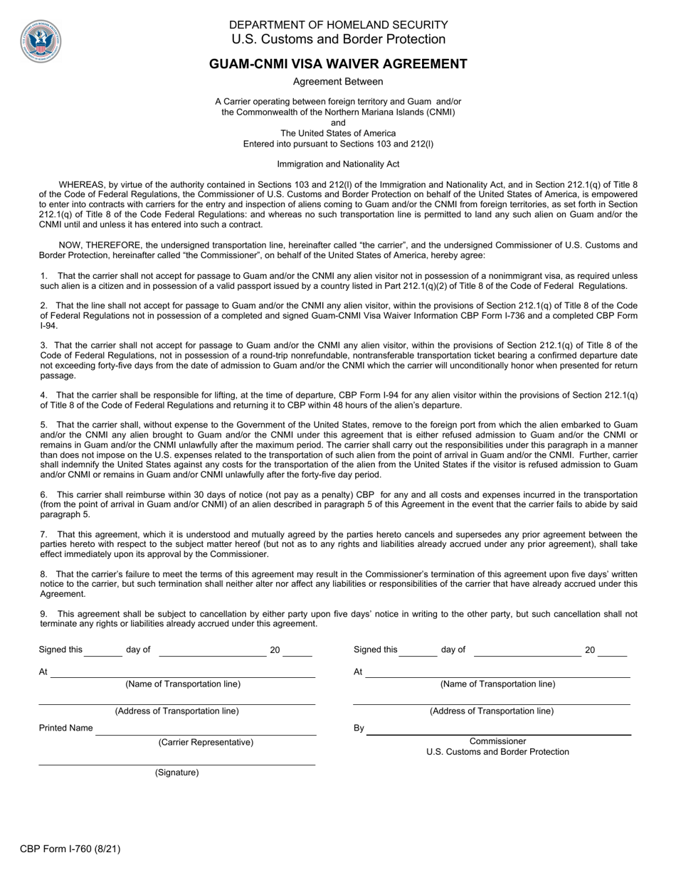 CBP Form I-760 Guam - CNMI Visa Waiver Agreement, Page 1