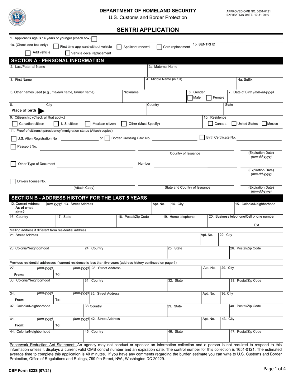 CBP Form 823S Download Fillable PDF or Fill Online Sentri Application ...