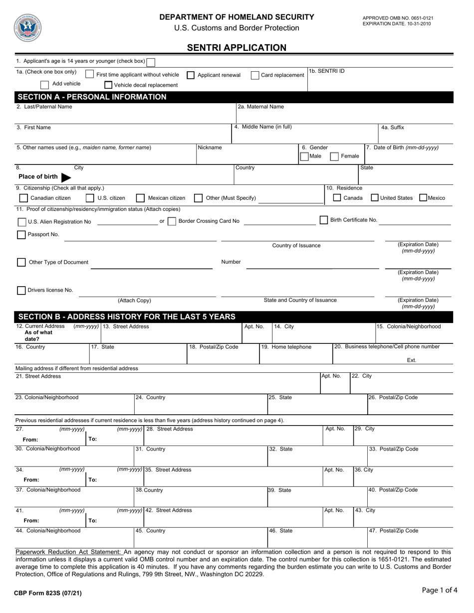 CBP Form 823S Sentri Application, Page 1