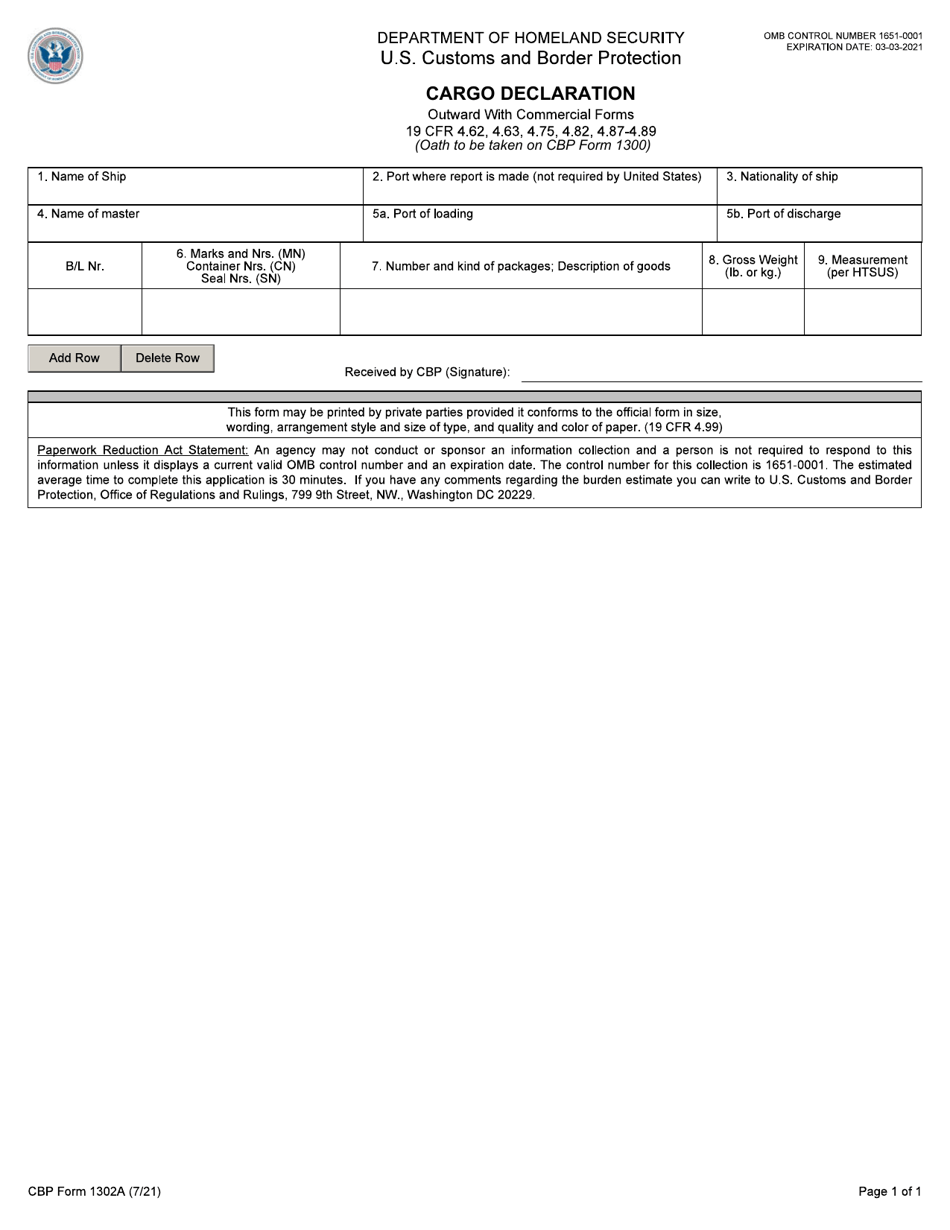 CBP Form 1302A Cargo Declaration, Page 1