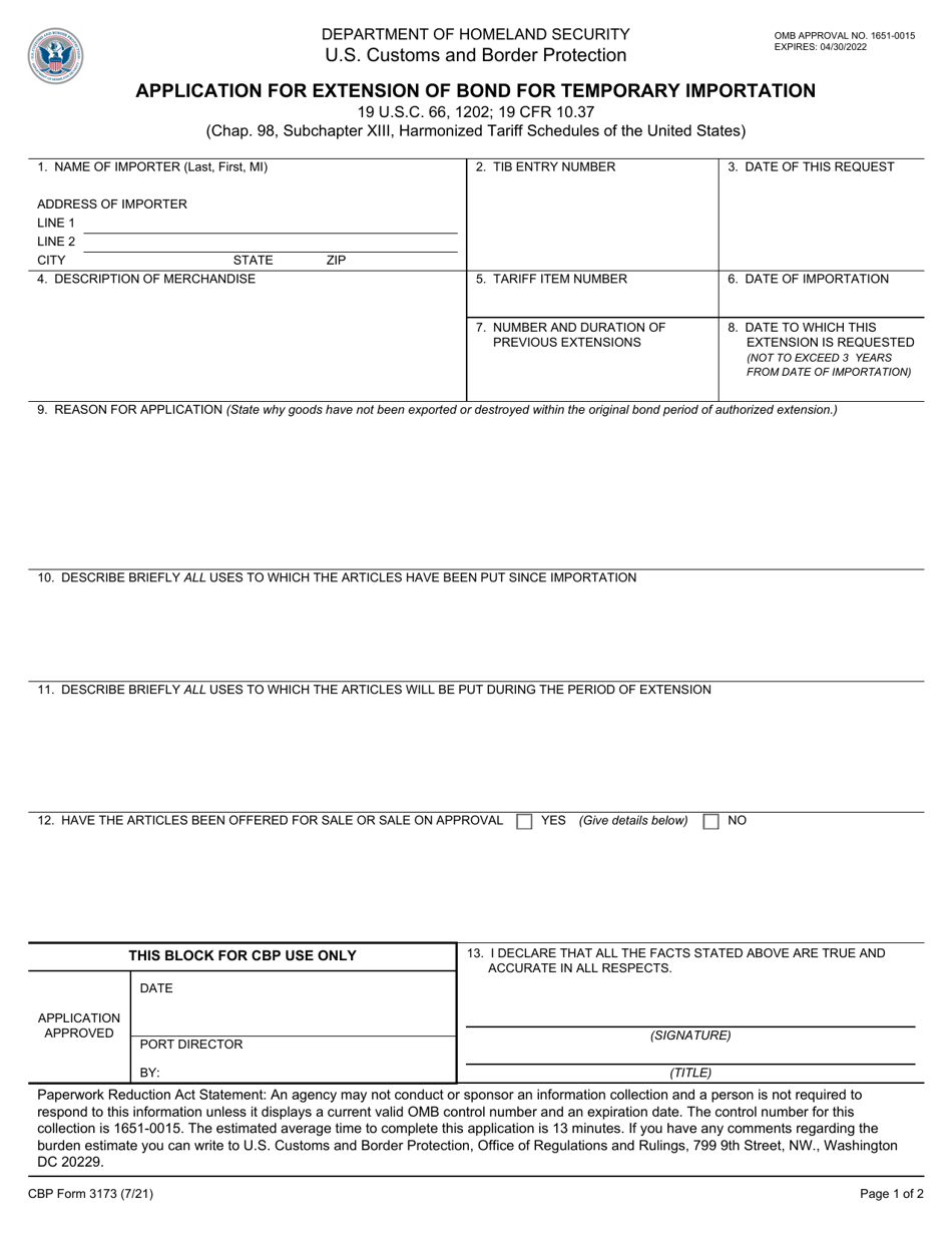 CBP Form 3173 Application for Extension of Bond for Temporary Importation, Page 1