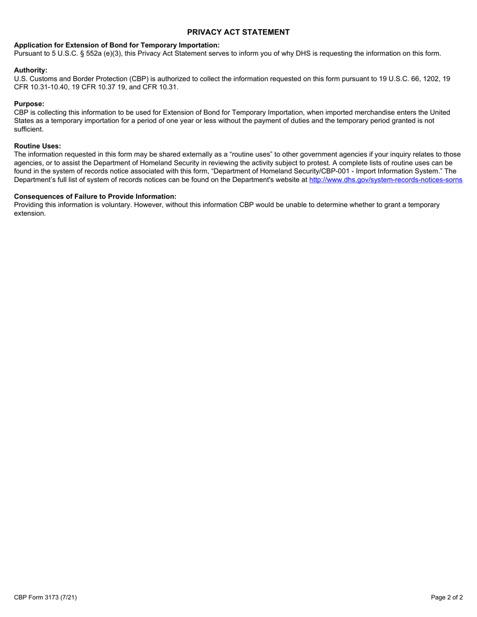 CBP Form 3173 Application for Extension of Bond for Temporary Importation, Page 2