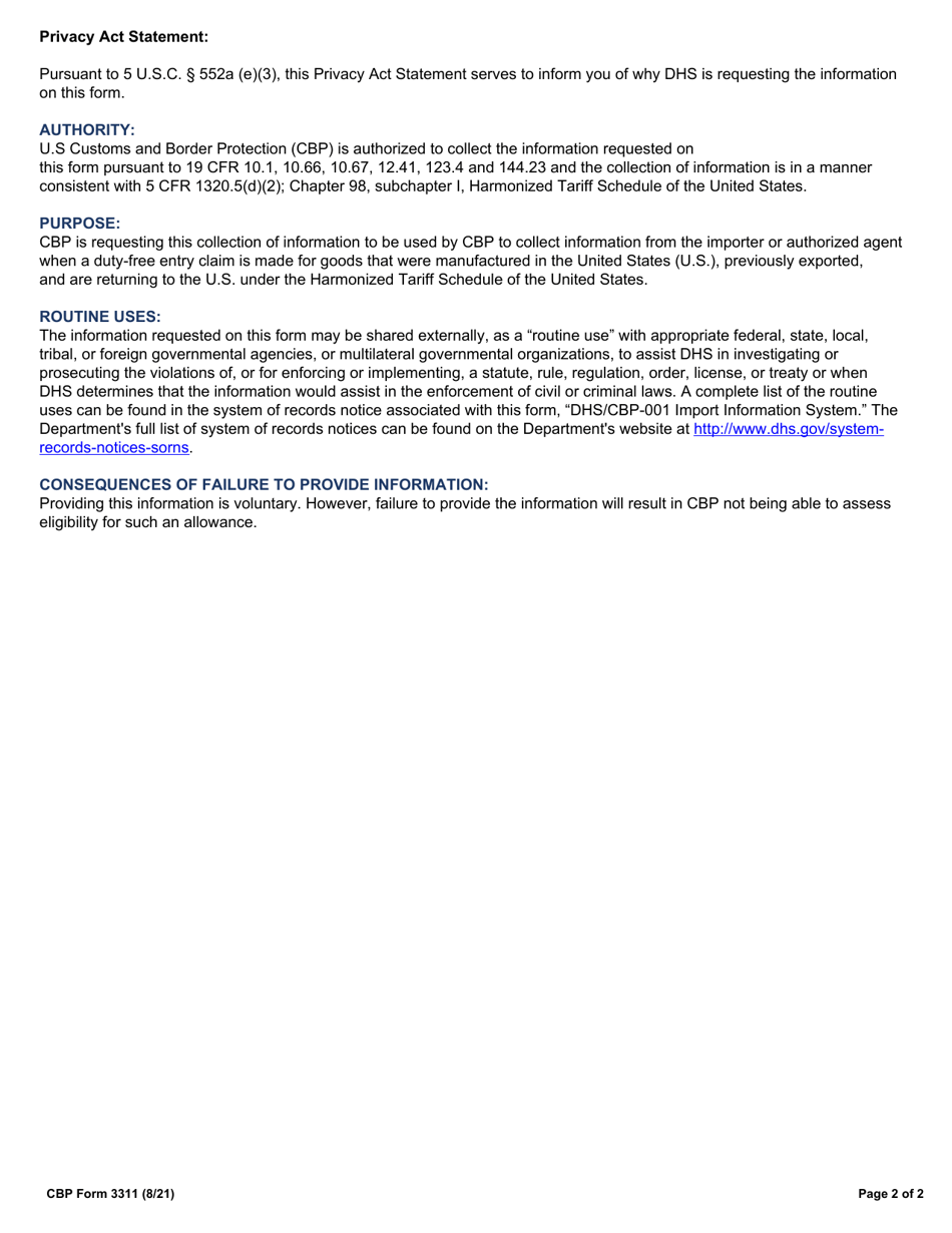 CBP Form 3311 Declaration for Free Entry of Returned American Products, Page 2