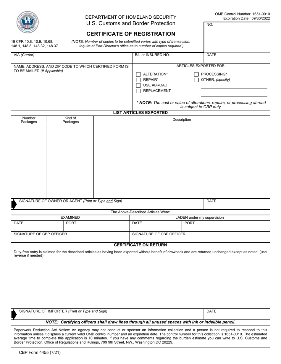 CBP Form 4455 Download Fillable PDF or Fill Online Certificate of ...