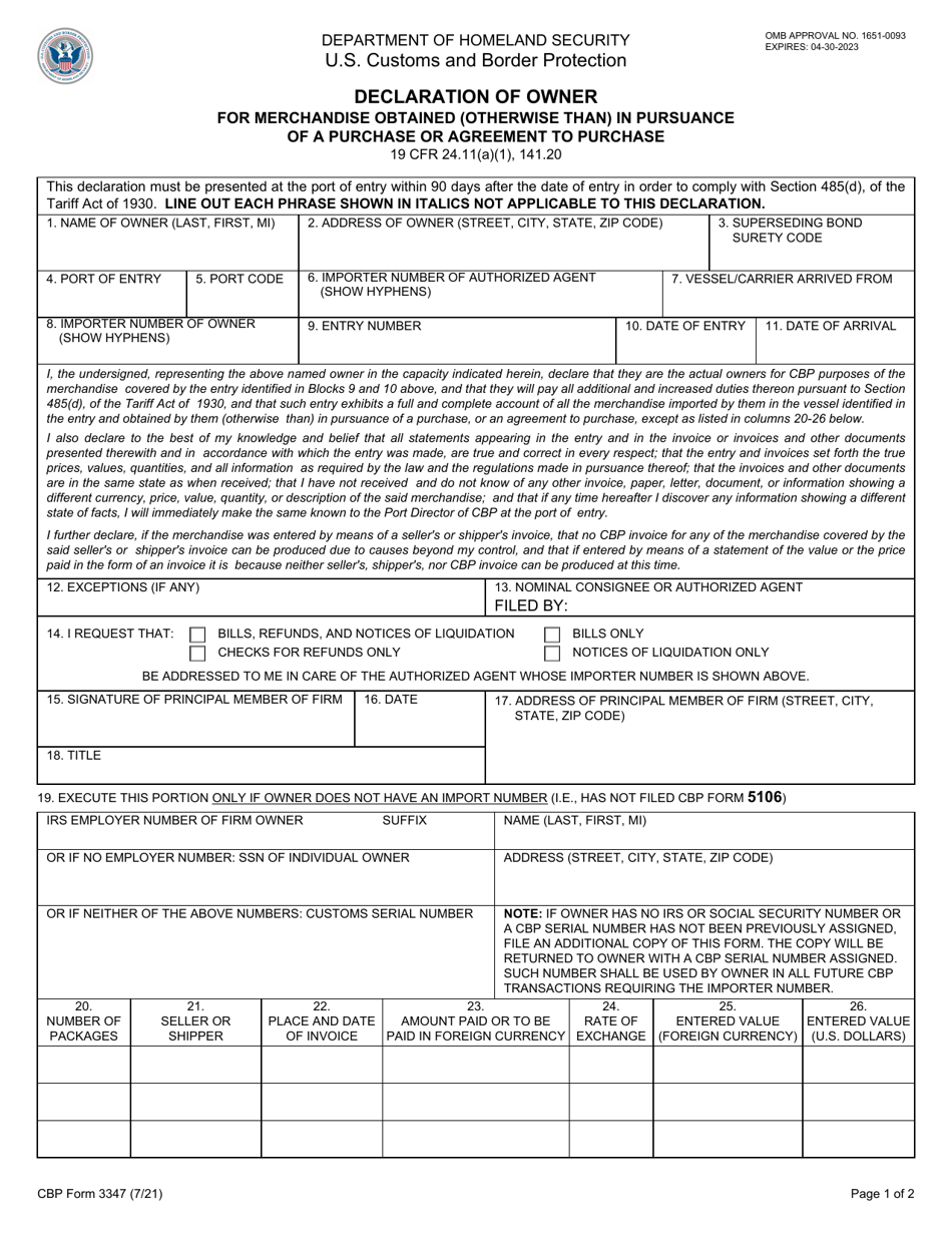 CBP Form 3347 Declaration of Owner for Merchandise Obtained (Otherwise Than) in Pursuance of a Purchase or Agreement to Purchase, Page 1