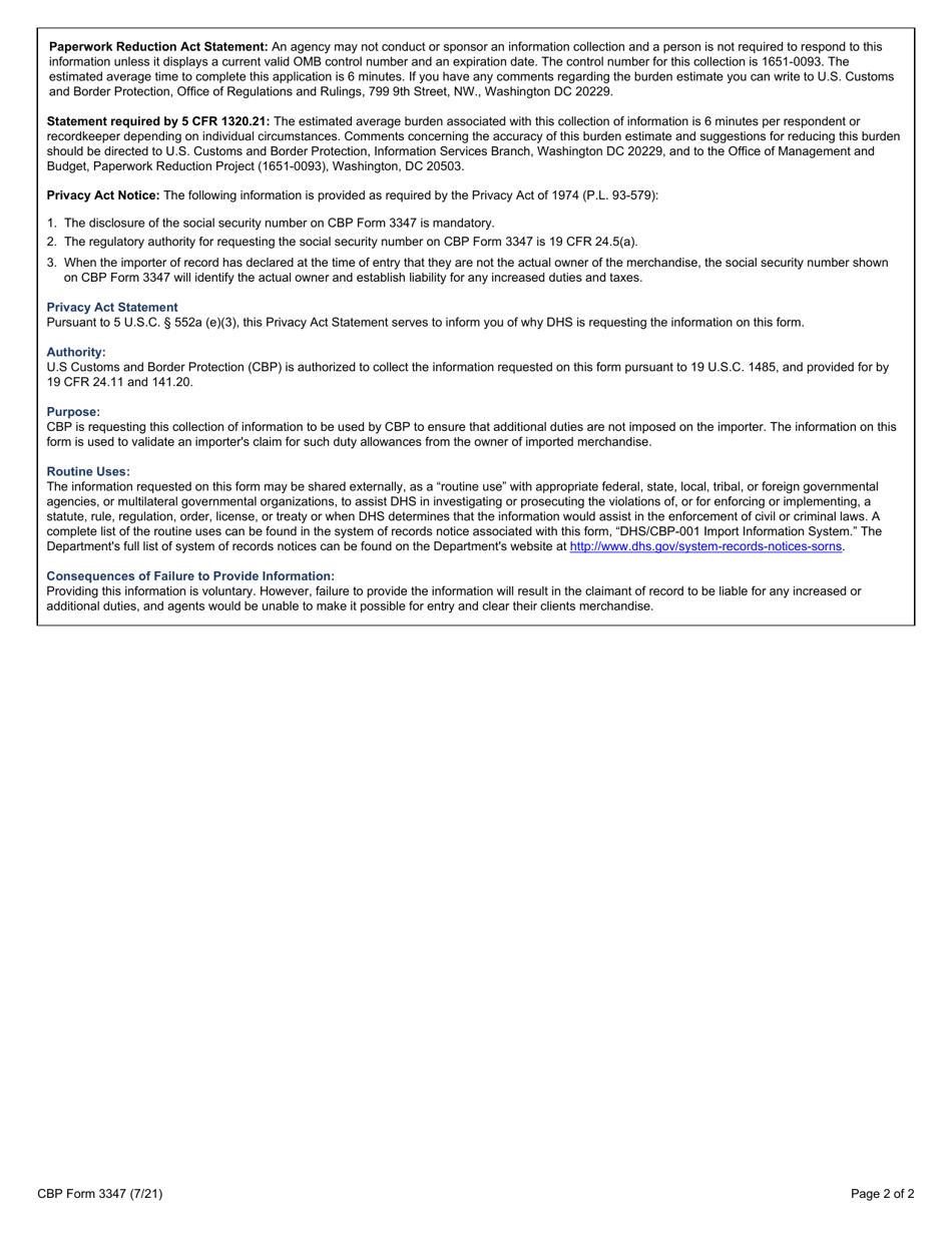 CBP Form 3347 Declaration of Owner for Merchandise Obtained (Otherwise Than) in Pursuance of a Purchase or Agreement to Purchase, Page 2