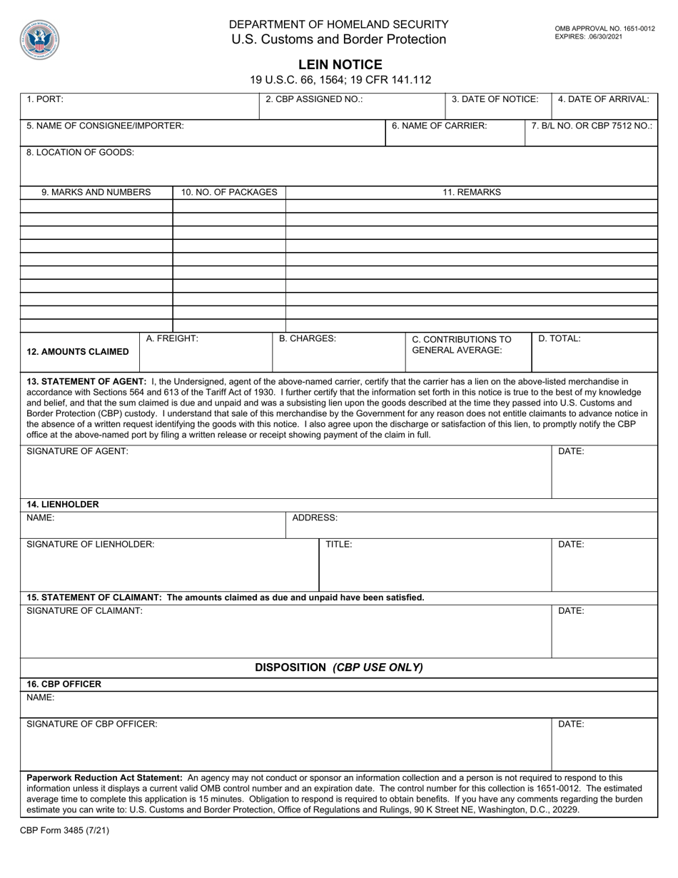 CBP Form 3485 Lein Notice, Page 1