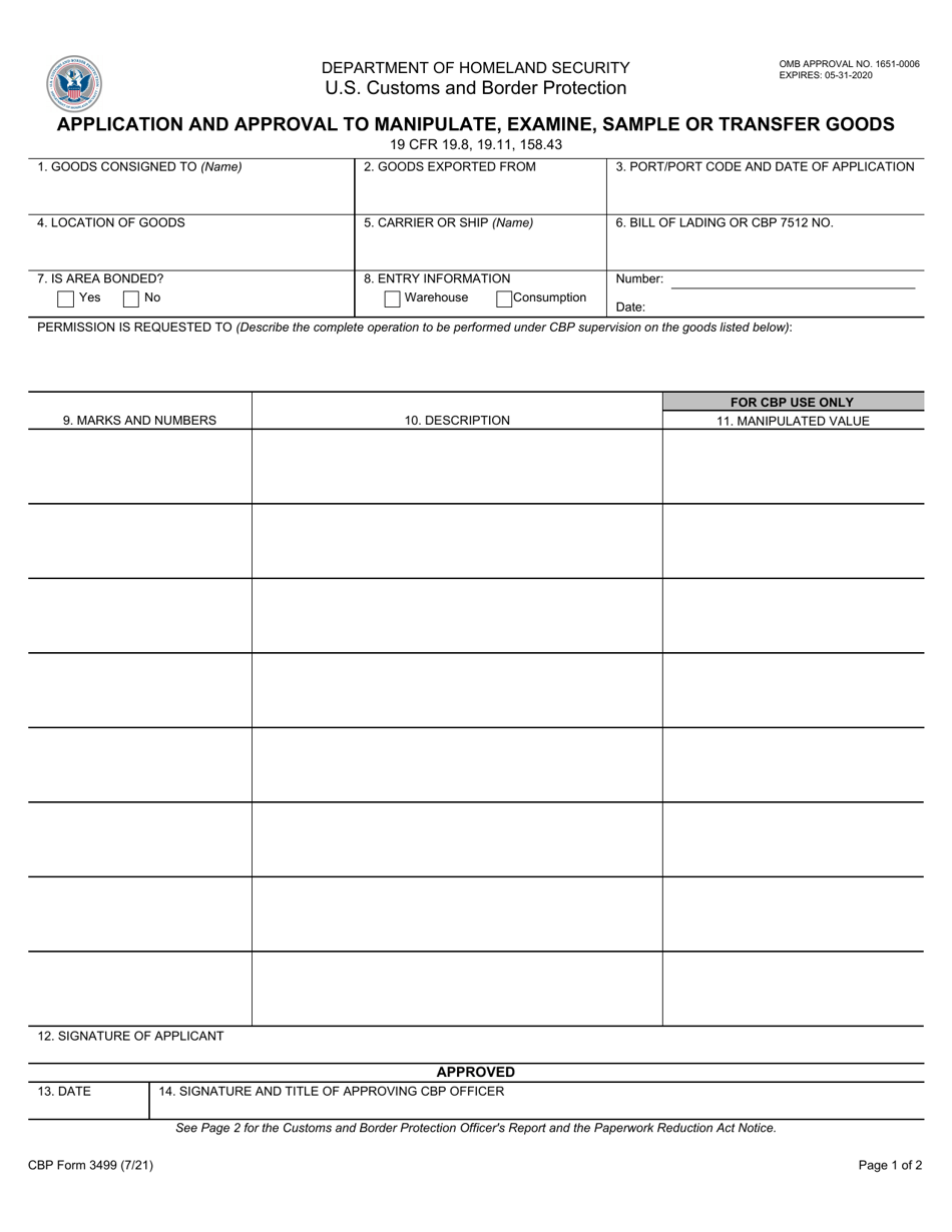 CBP Form 3499 Application and Approval to Manipulate, Examine, Sample, or Transfer Goods, Page 1