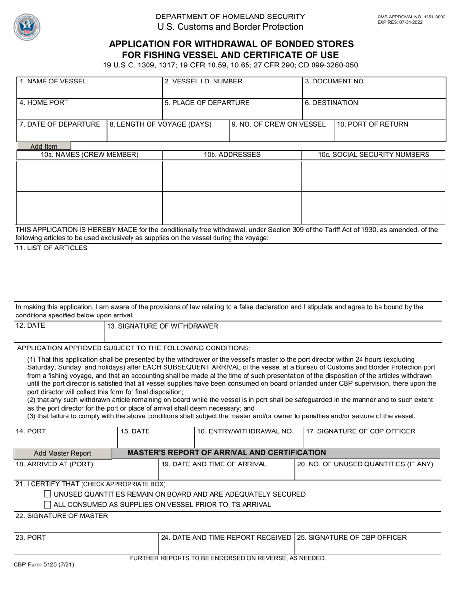 CBP Form 5125 Application for Withdrawal of Bonded Stores for Fishing Vessel and Certificate of Use, Page 1