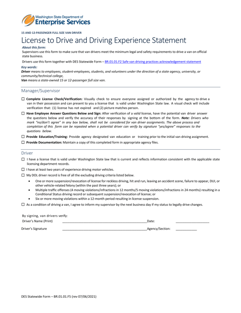 Form BR.01.01.F5 License to Drive and Driving Experience Statement - Washington