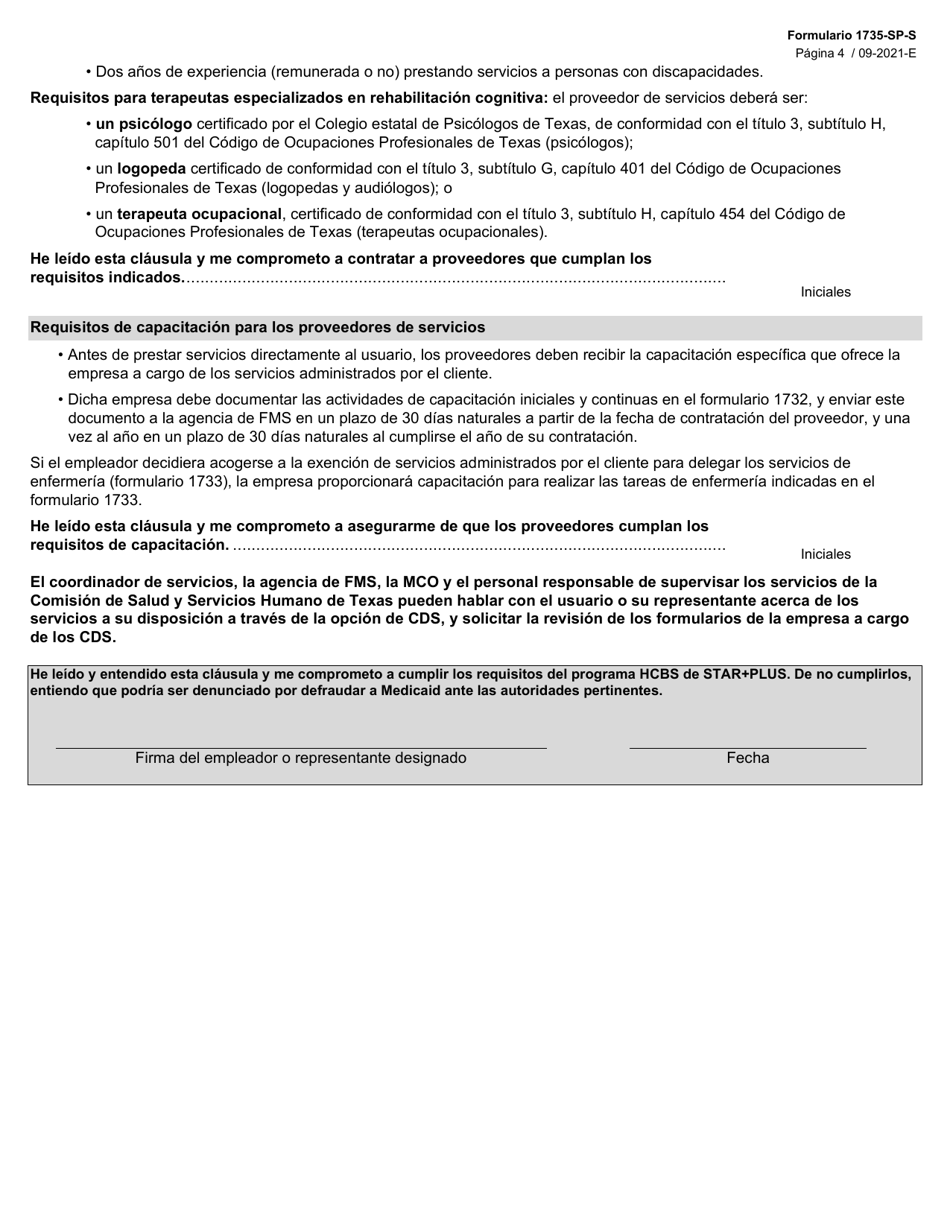 Formulario 1735-SP-S Apendice a Los Requisitos De Prestacion De Servicios - Programa De Servicios Comunitarios a Domicilio De Star+plus - Texas (Spanish), Page 4