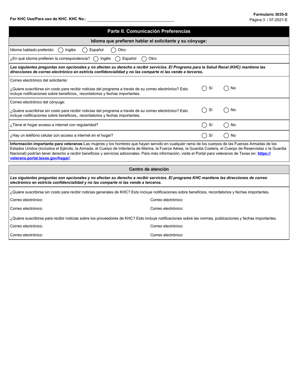 Formulario 3035-S Programa Para La Salud Renal (Khc) Solicitud - Texas (Spanish), Page 3