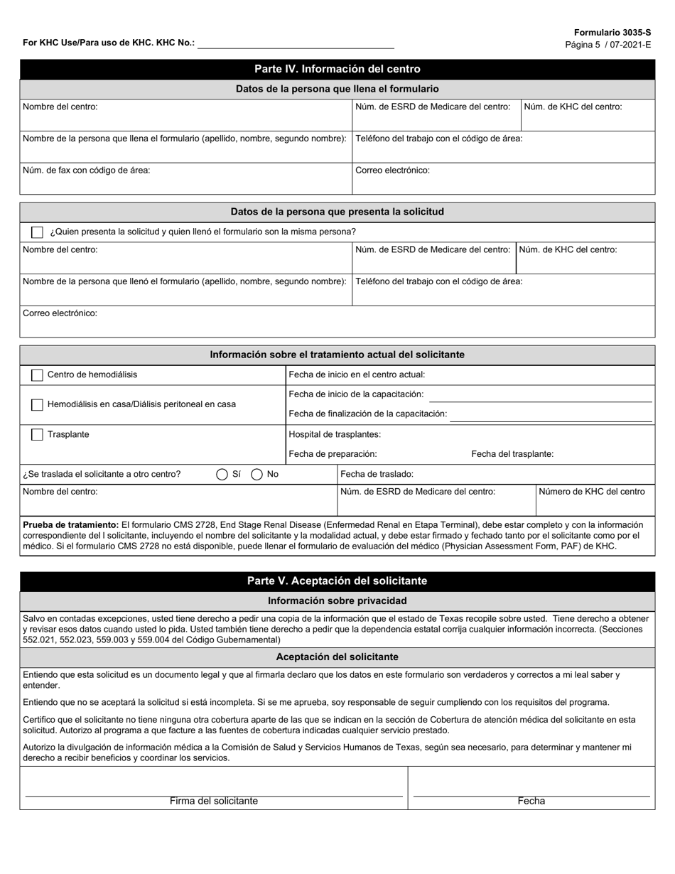 Formulario 3035-S Programa Para La Salud Renal (Khc) Solicitud - Texas (Spanish), Page 5