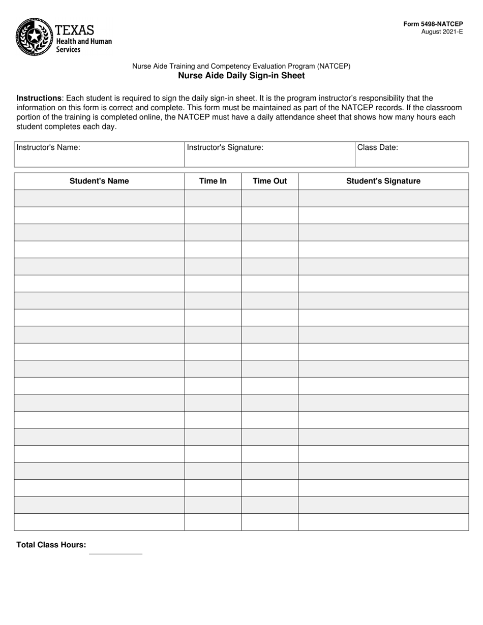 Form 5498-NATCEP Nurse Aide Daily Sign-In Sheet - Texas, Page 1
