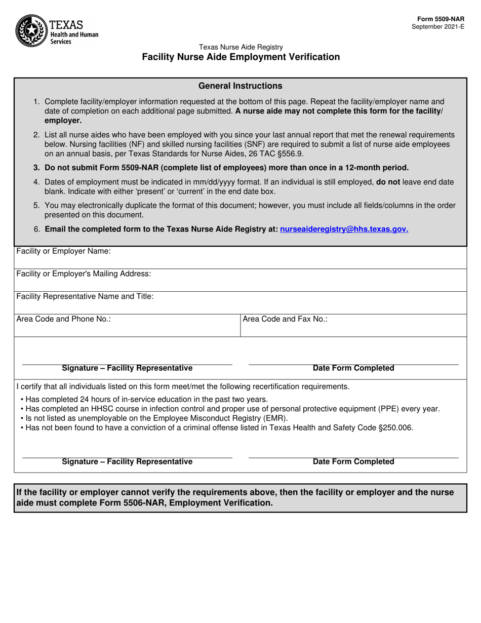 Form 5509 NAR Download Fillable PDF Or Fill Online Facility Nurse Aide   Form 5509 Nar Facility Nurse Aide Employment Verification Texas Print Big 