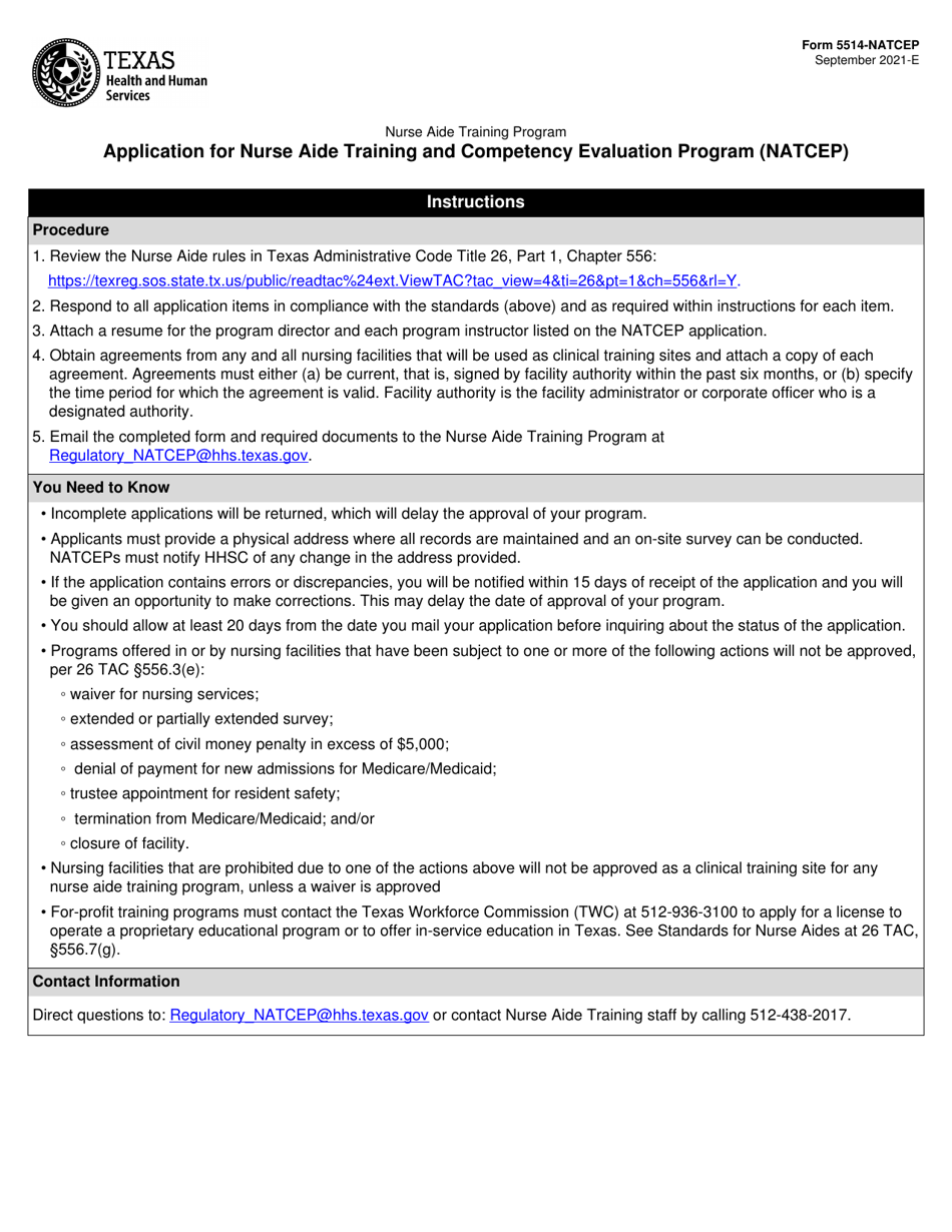 Form 5514-NATCEP Application for Nurse Aide Training and Competency Evaluation Program (Natcep) - Texas, Page 1