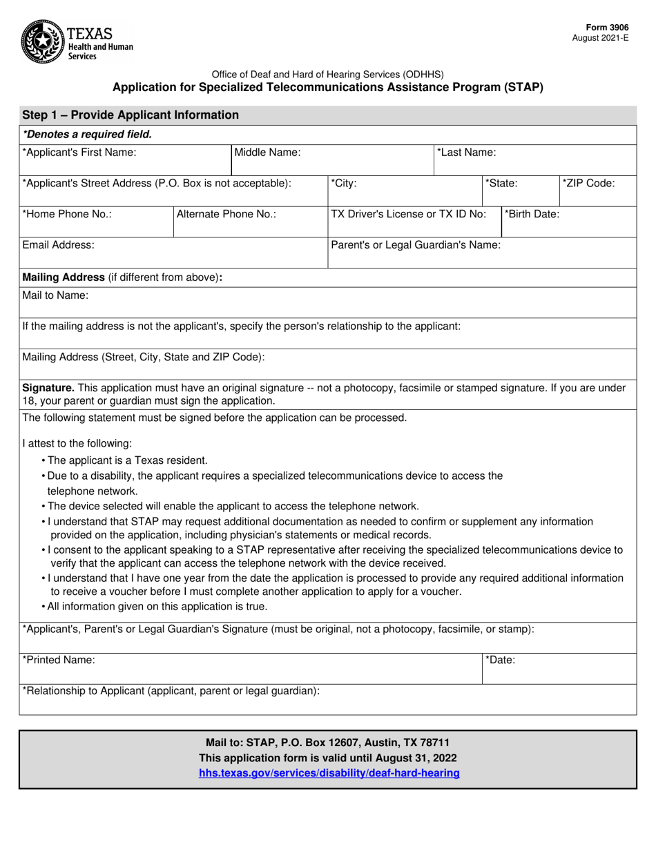 Form 3906 Application for Specialized Telecommunications Assistance Program (Stap) - Texas, Page 1