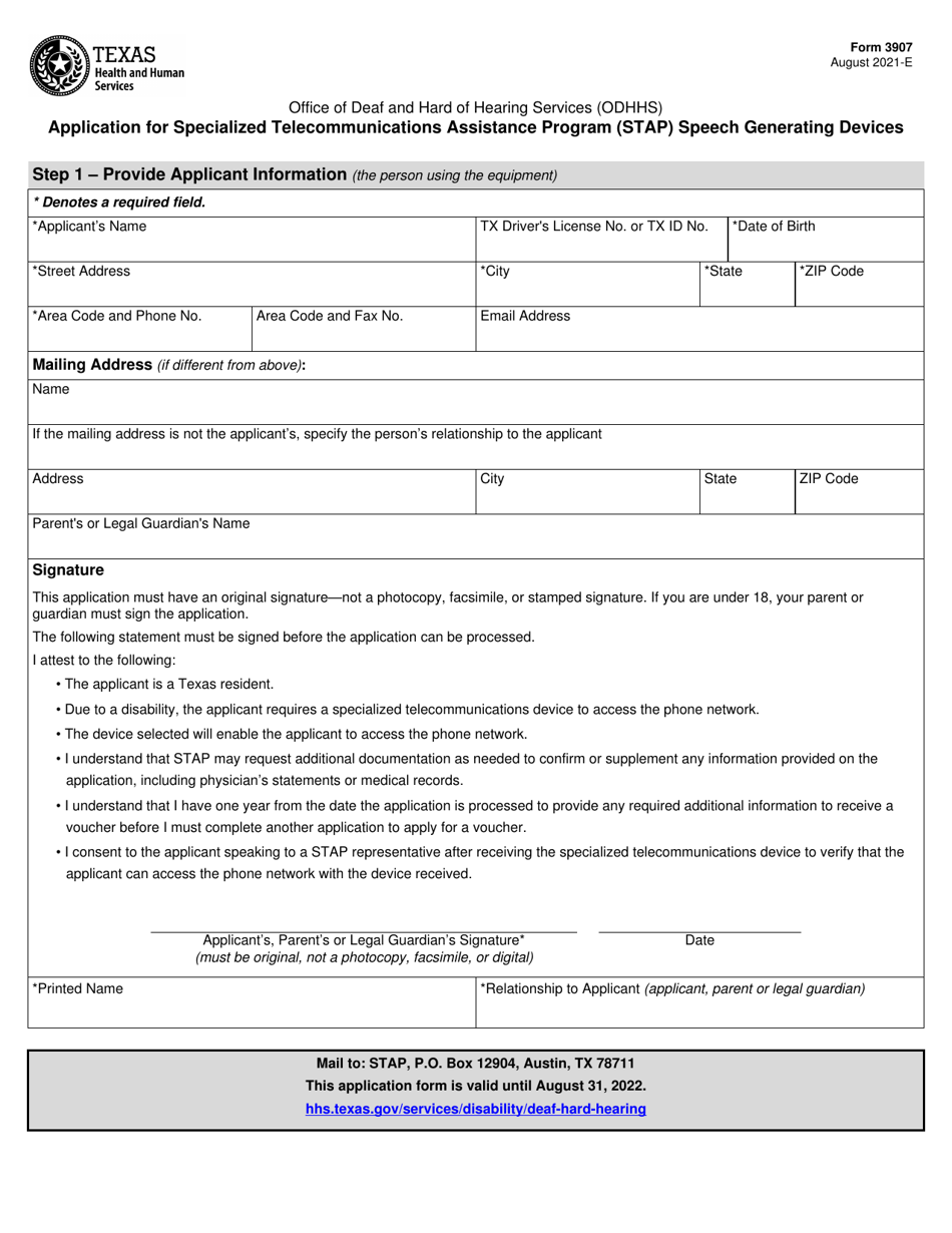 Form 3907 Application for Specialized Telecommunications Assistance Program (Stap) Speech Generating Devices - Texas, Page 1