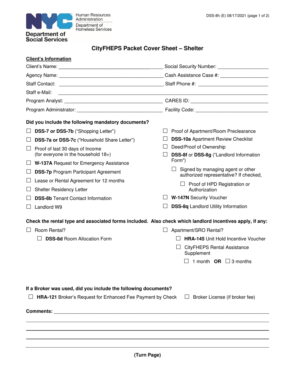 Form DSS8H Download Printable PDF or Fill Online Cityfheps Packet
