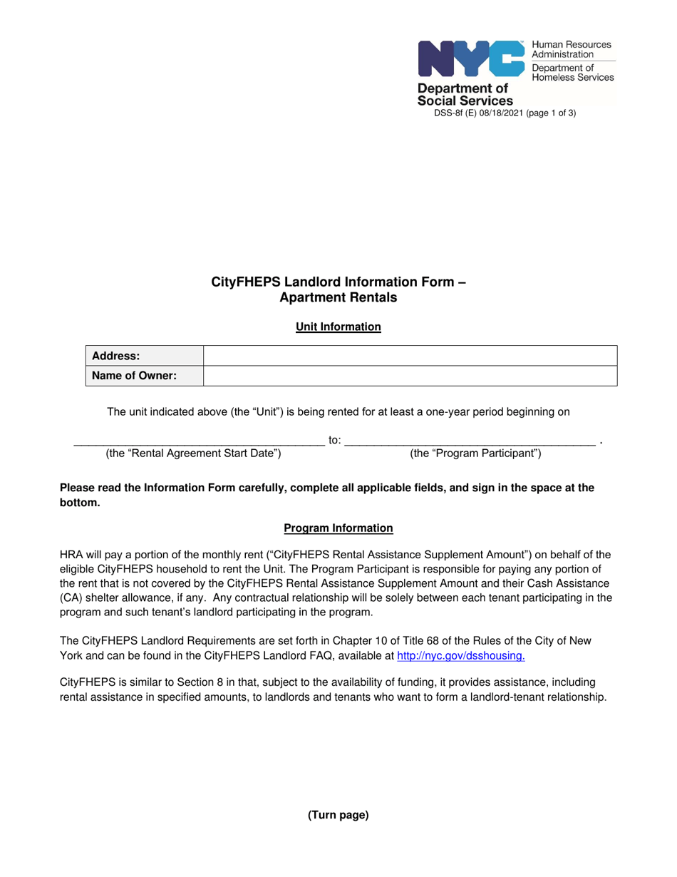 Form DSS8F Download Printable PDF or Fill Online Cityfheps Landlord