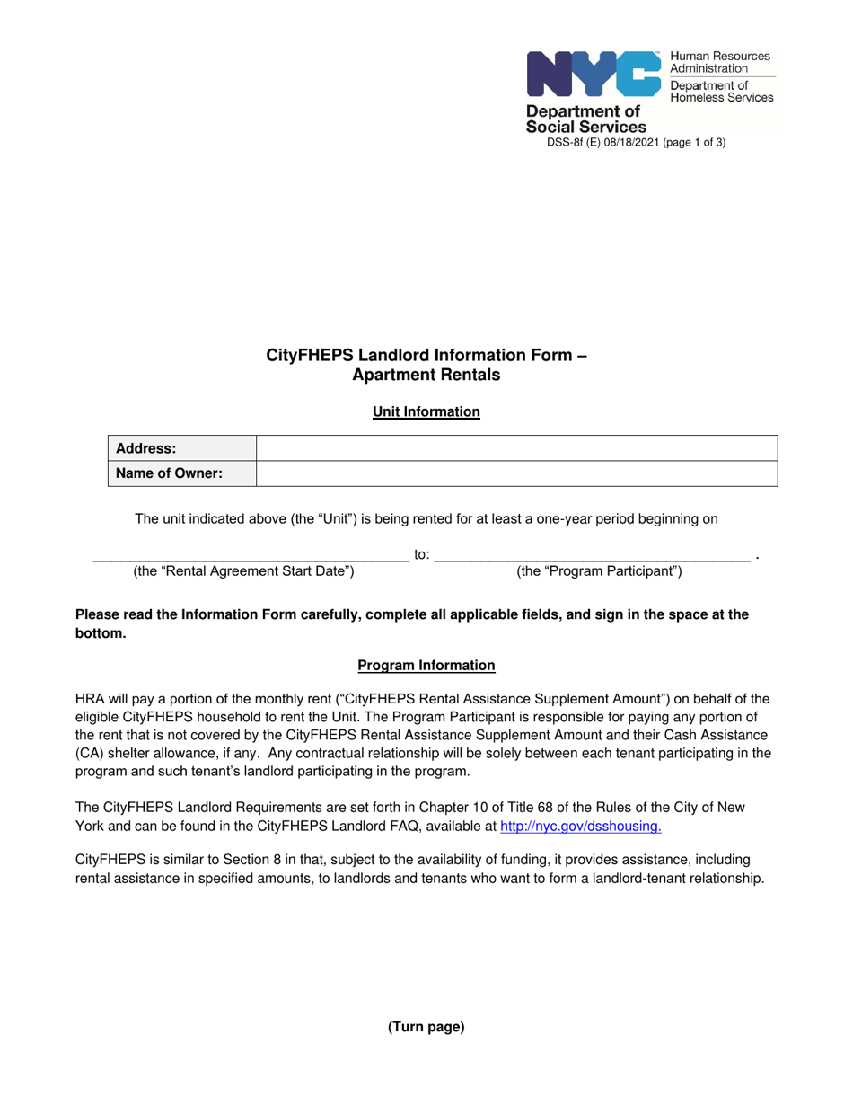 Form DSS-8F Cityfheps Landlord Information Form - Apartment Rentals - New York City, Page 1