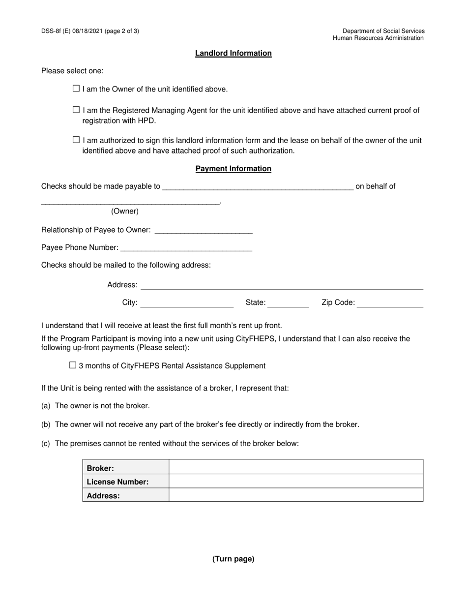 Form DSS8F Download Printable PDF or Fill Online Cityfheps Landlord