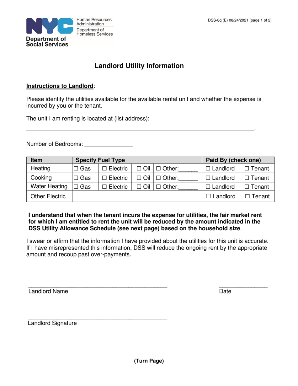 Form DSS-8Q Landlord Utility Information - New York City, Page 1