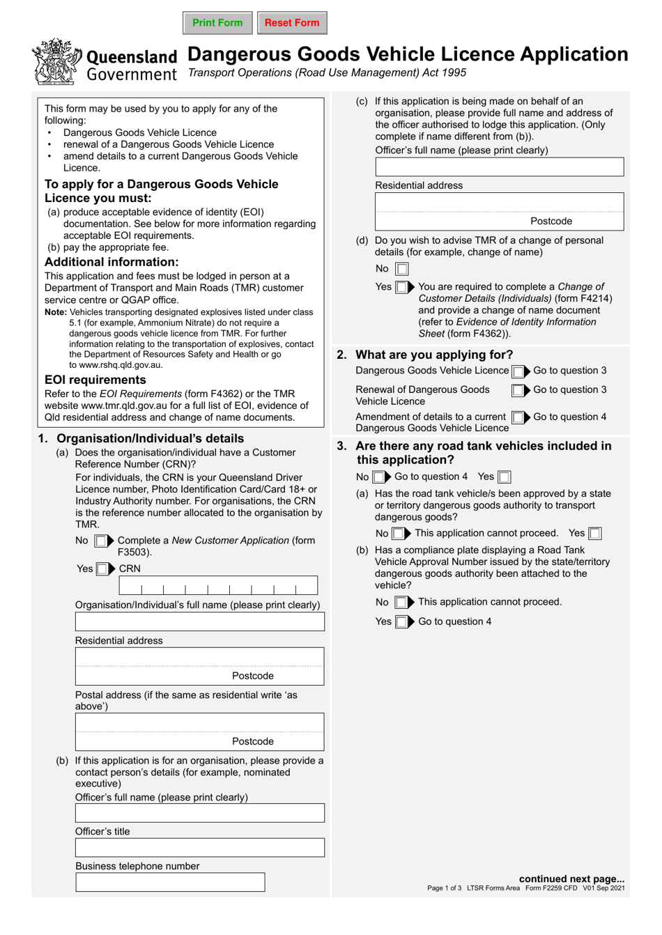 Form F2259 Dangerous Goods Vehicle Licence Application - Queensland, Australia, Page 1
