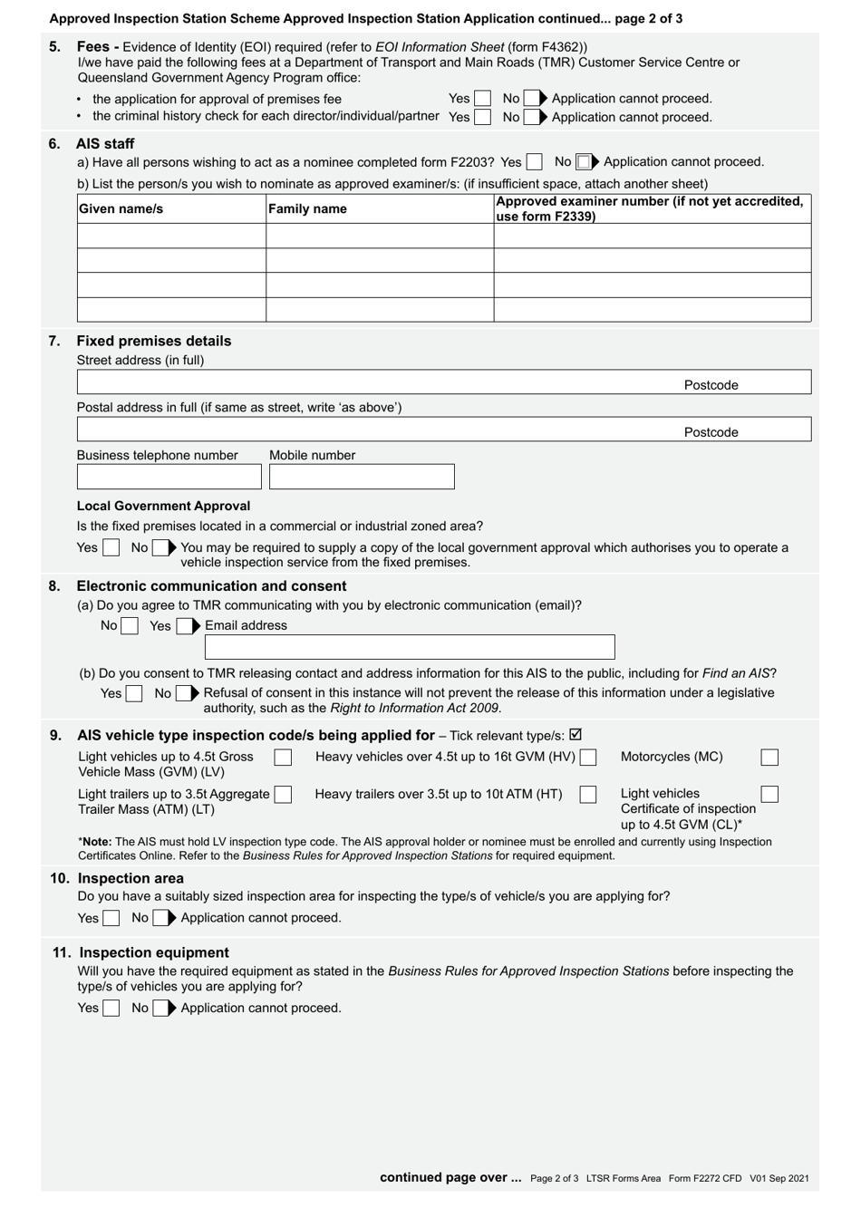 Form F2272 Approved Inspection Station Application - Approved Inspection Station Scheme - Queensland, Australia, Page 2
