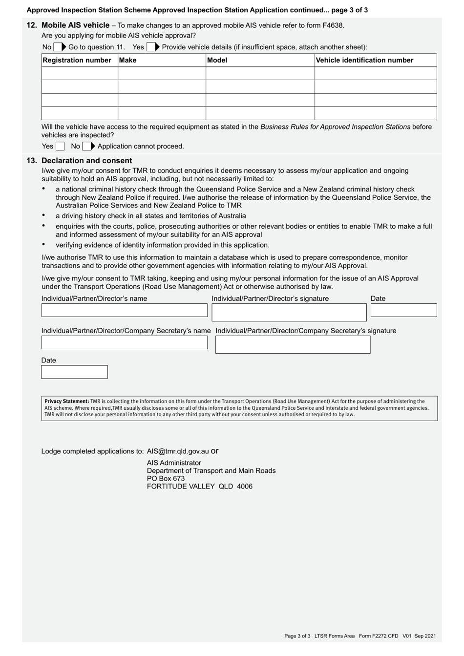 Form F2272 Approved Inspection Station Application - Approved Inspection Station Scheme - Queensland, Australia, Page 3