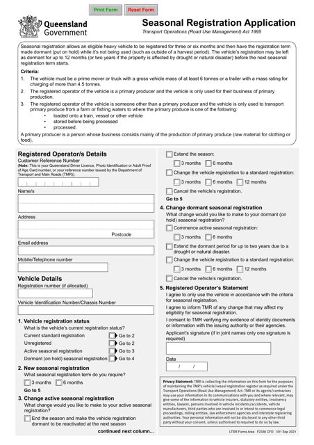 Form F2336 Seasonal Registration Application - Queensland, Australia