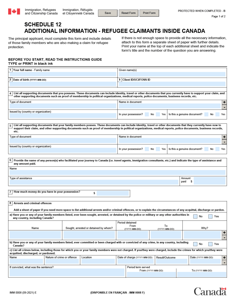 Form IMM0008 Schedule 12 Additional Information - Refugee Claimants Inside Canada - Canada, Page 1