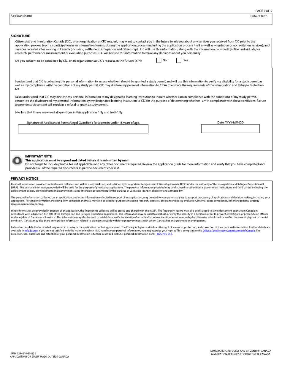 Form IMM1294 Application for Study Permit Made Outside of Canada - Canada, Page 5