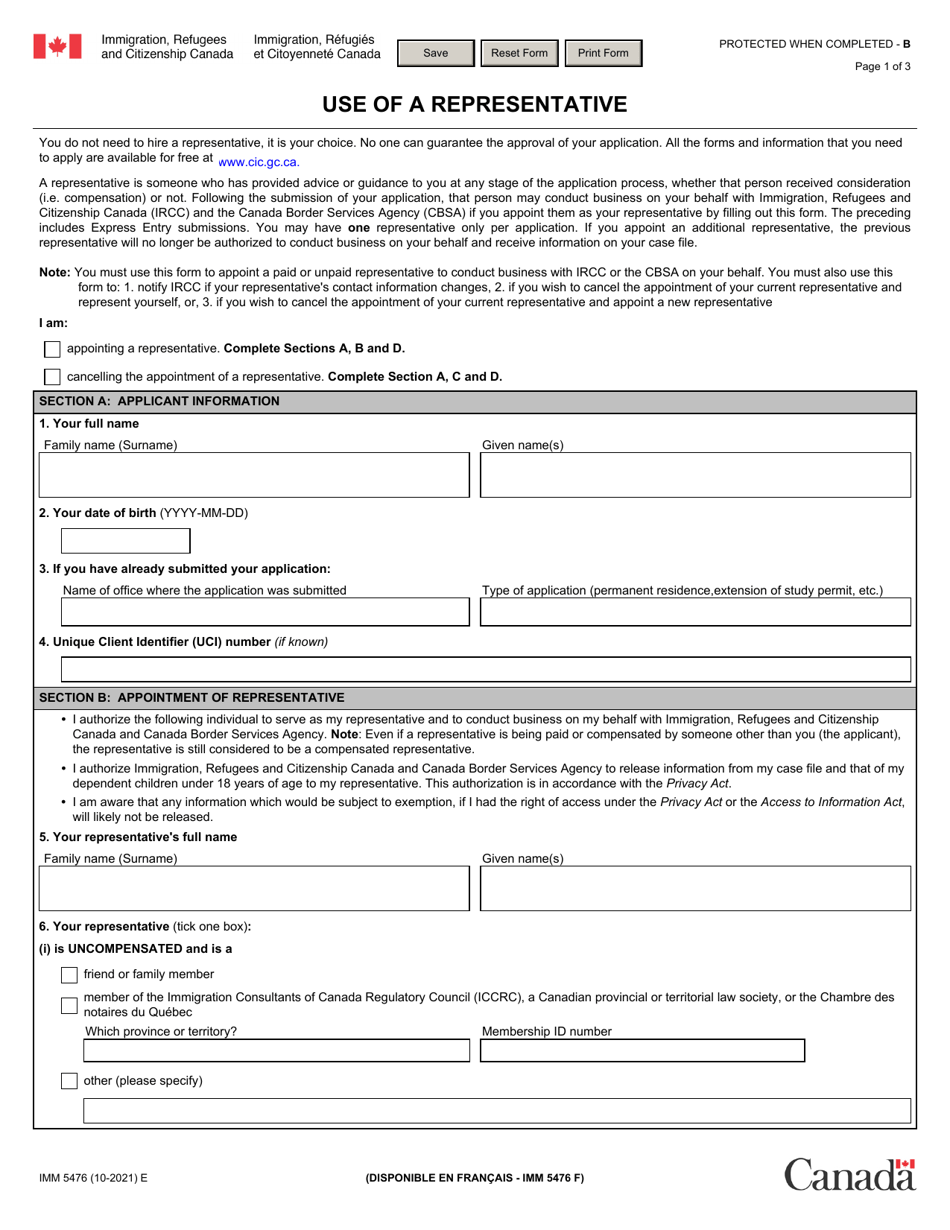 Form IMM5476 Use of a Representative - Canada, Page 1