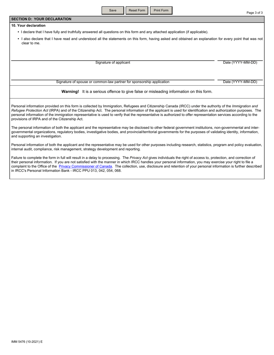 Form IMM5476 Use of a Representative - Canada, Page 3