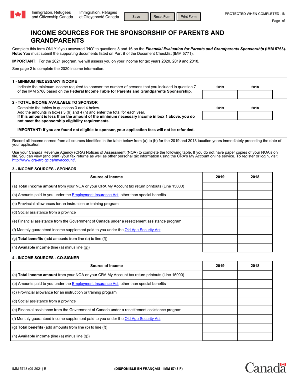 Form IMM5748 Income Sources for the Sponsorship of Parents and Grandparents - Canada, Page 1