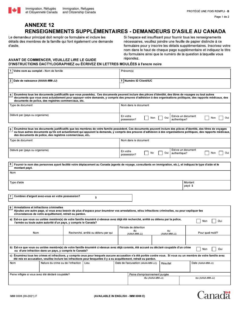 Forme IMM0008 Agenda 12 Renseignements Supplementaires - Demandeurs Dasile Au Canada - Canada (French), Page 1