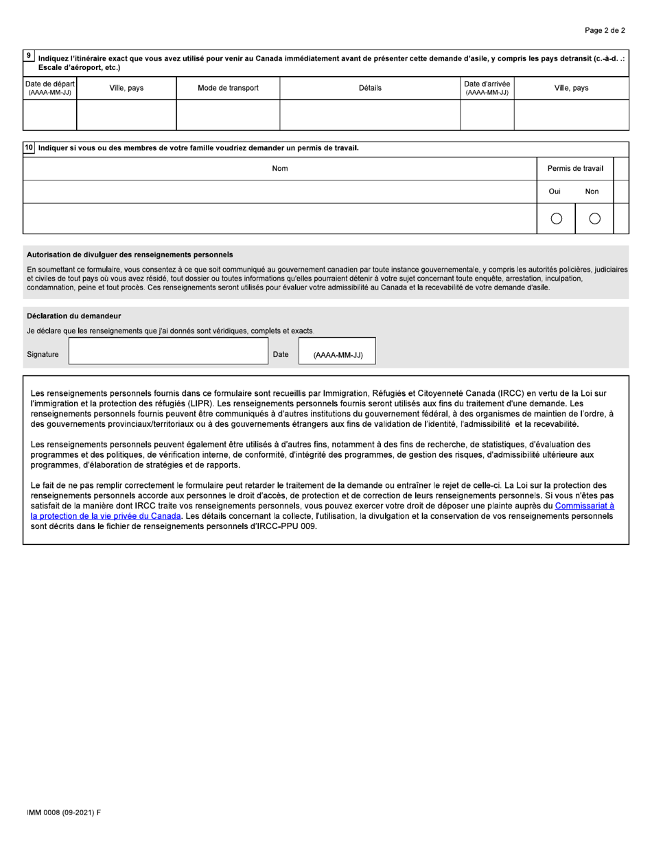 Forme IMM0008 Agenda 12 Renseignements Supplementaires - Demandeurs Dasile Au Canada - Canada (French), Page 2