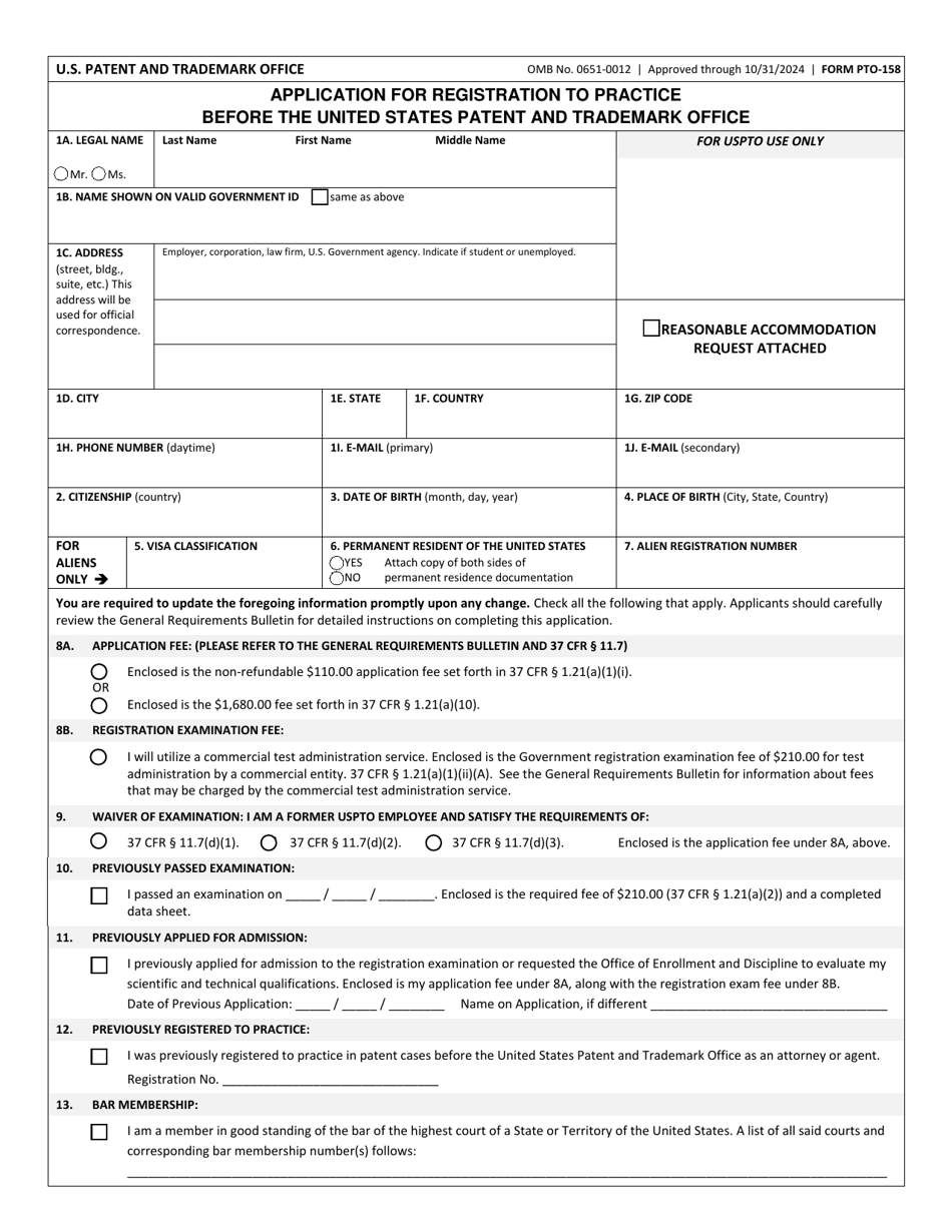 Form PTO-158 Application for Registration to Practice Before the United States Patent and Trademark Office, Page 1