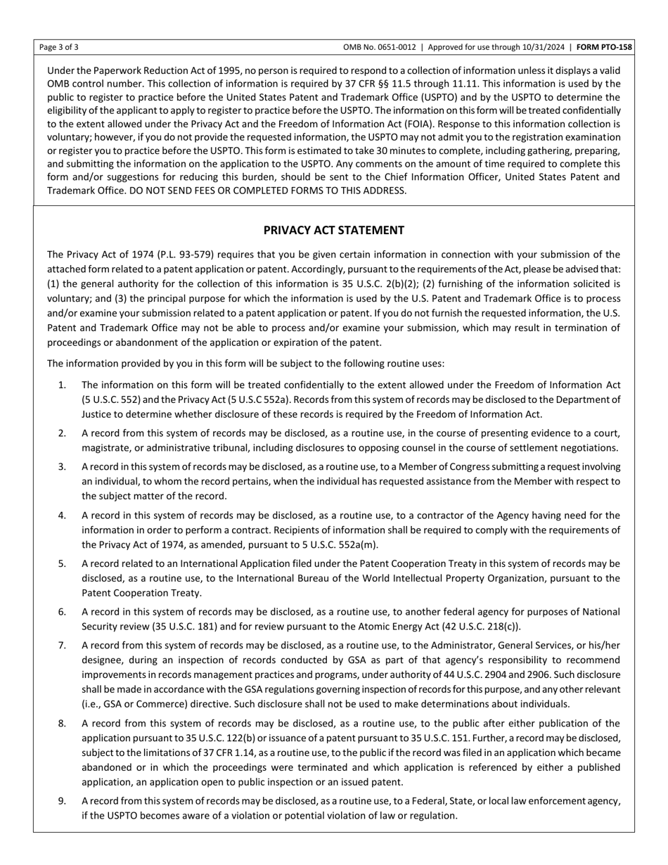 Form PTO-158 Application for Registration to Practice Before the United States Patent and Trademark Office, Page 3